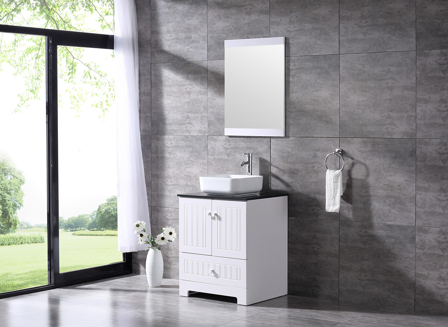24″ Bathroom Single Vanity PVC Cabinet Basin Ceramic Sink Faucet w/ Mirror Set