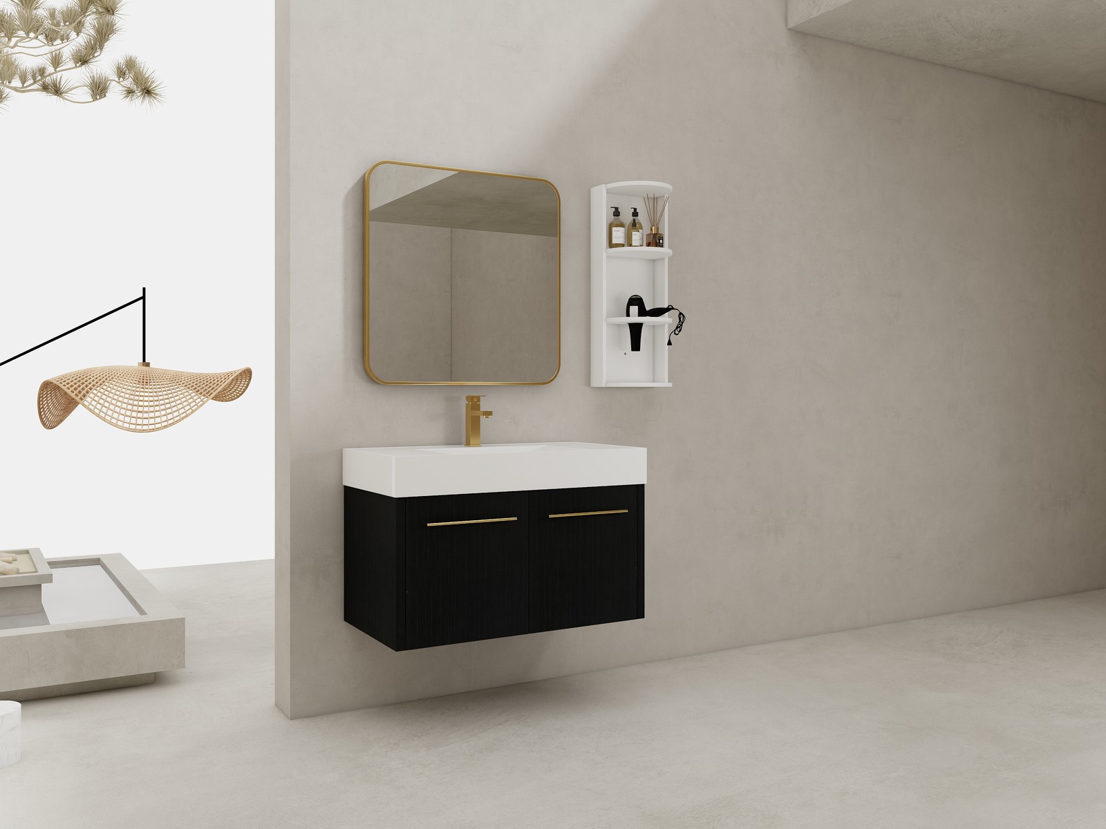 36 Inch Plywood Wall-Mounted Bathroom Vanity with Resin Sink + Side Storage Rack