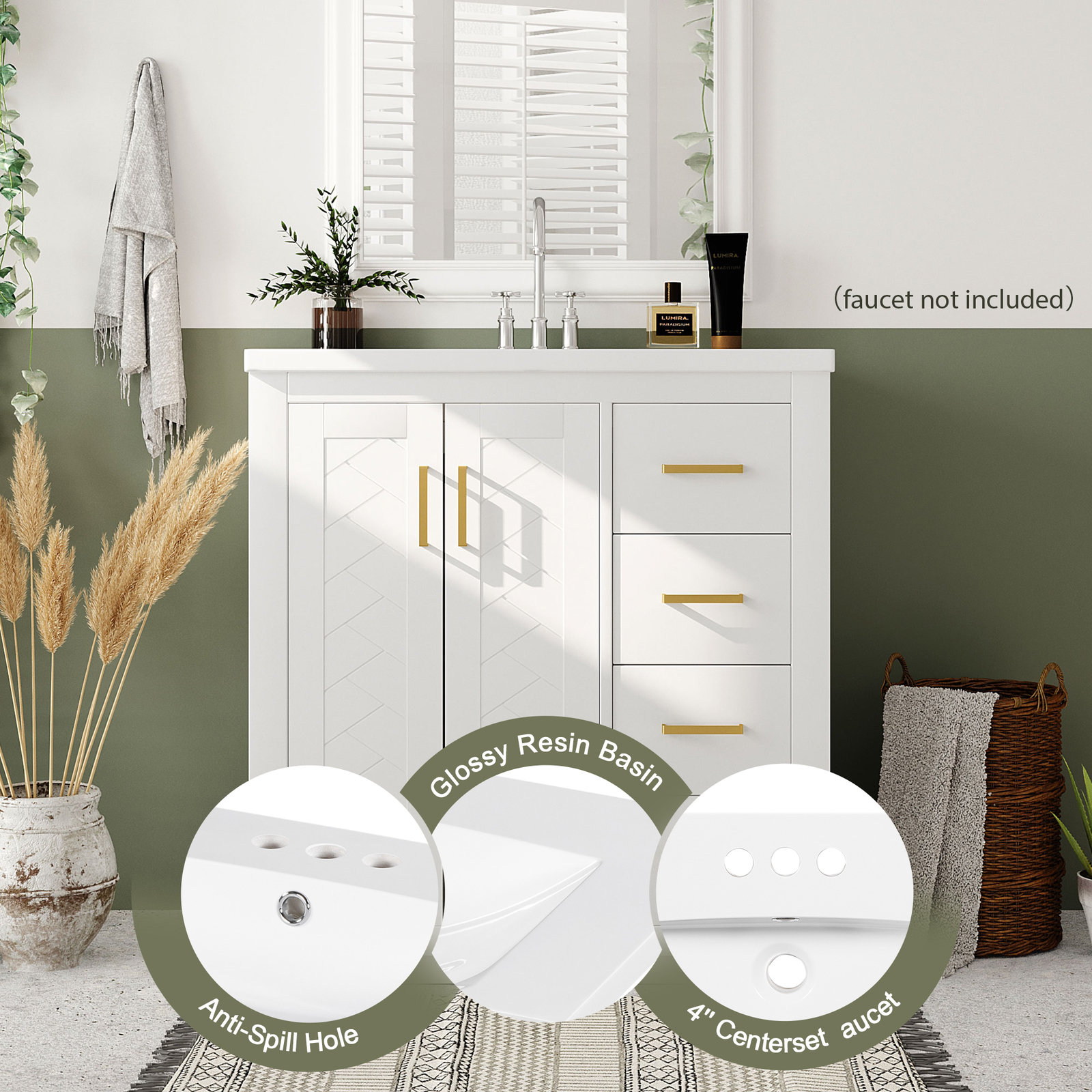30″ Bathroom Vanity with Sink, Freestanding Vanity Storage Cabinet, 3 Drawers