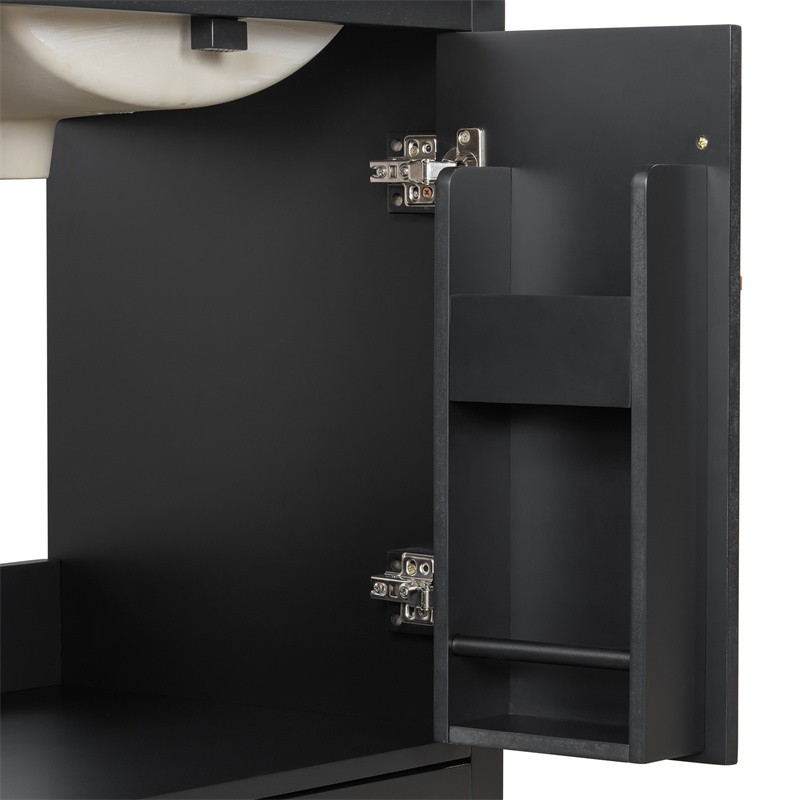 24in Black Bathroom Vanity with Ceramic Sink,Divider Drawer & 2 Soft-close Doors