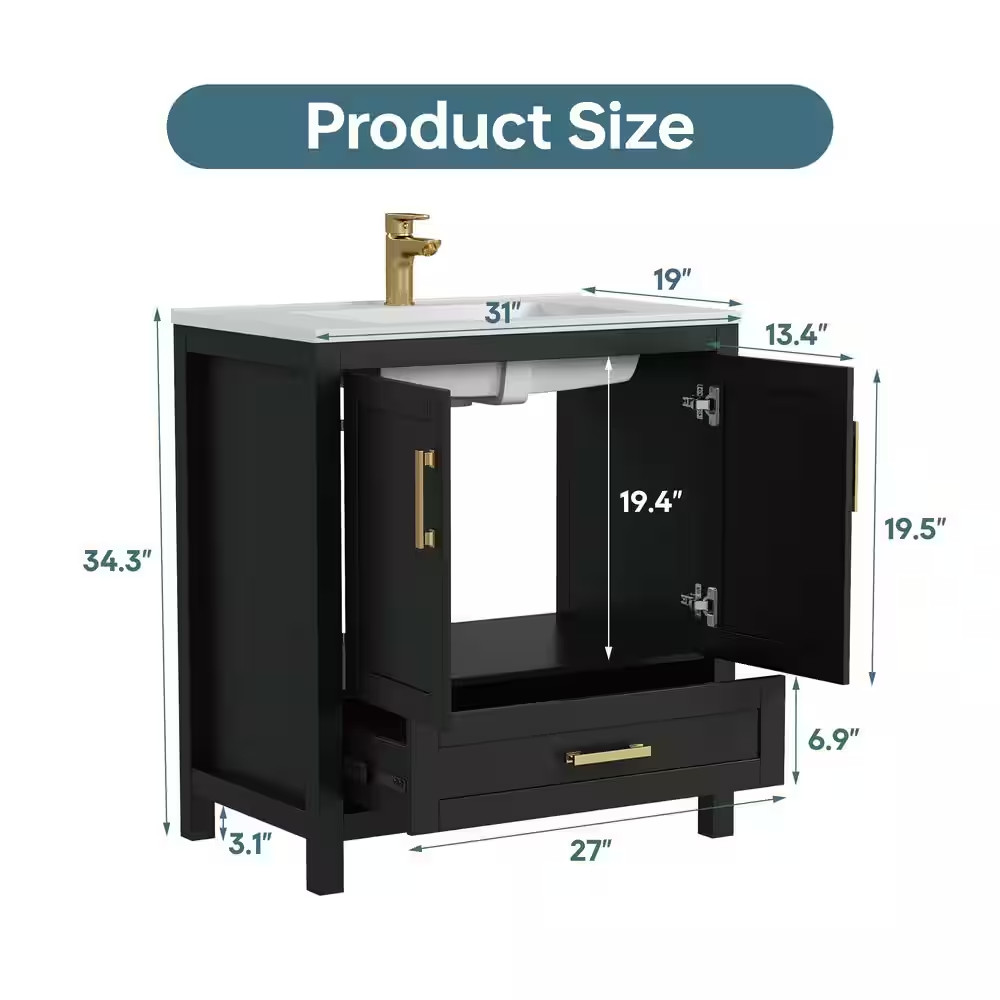 Raven 31 In.W Single Sink Black Freestanding Bath Vanity with White Engineered S
