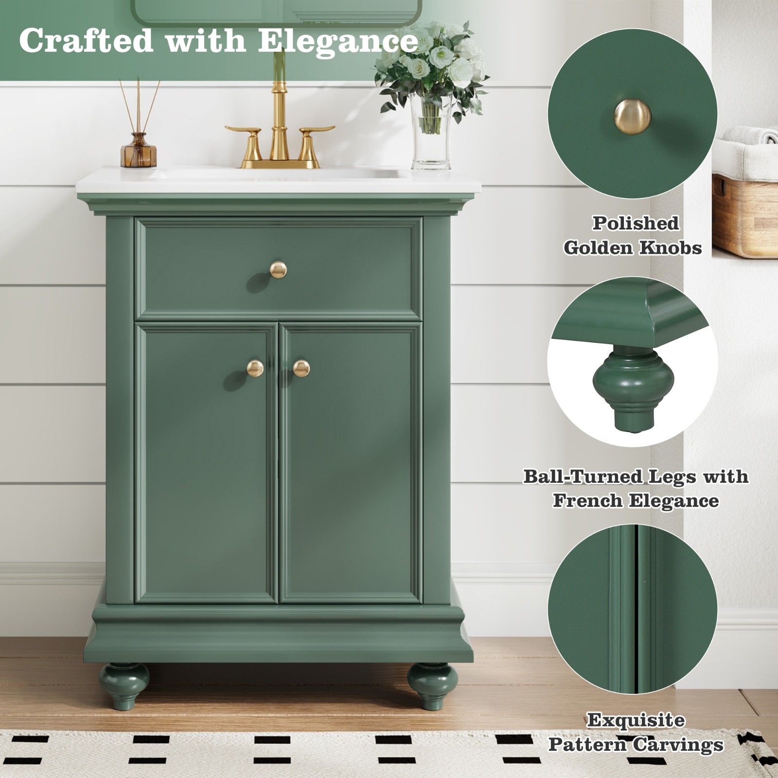 24″ Bathroom Vanity Storage Cabinet With Ceramic Sink Drawer Soft-Closing Doors