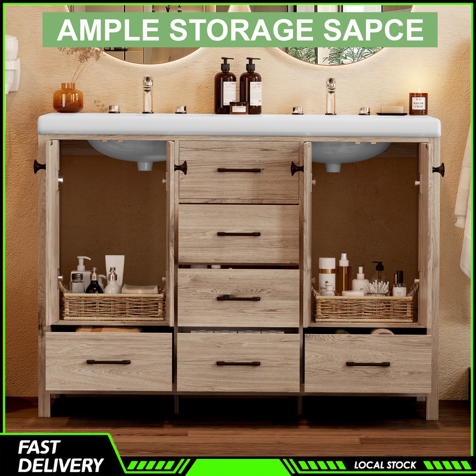 47 Inch Durable Bathroom Vanity Double Ceramic Sinks Cabinet with Doors &Drawers