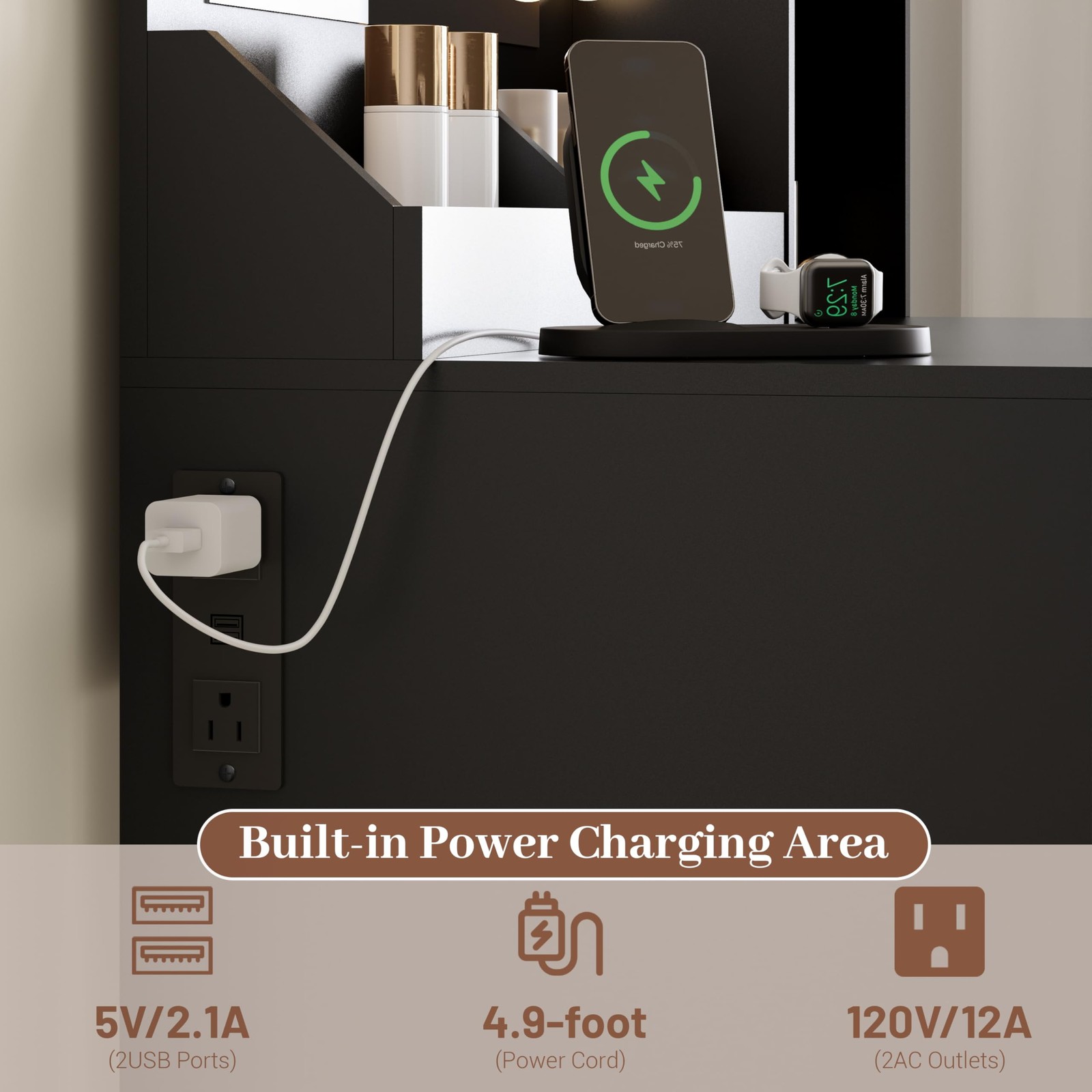 34in Makeup Vanity with Mirror Lights Charging Station 3 Color Lighting Modes