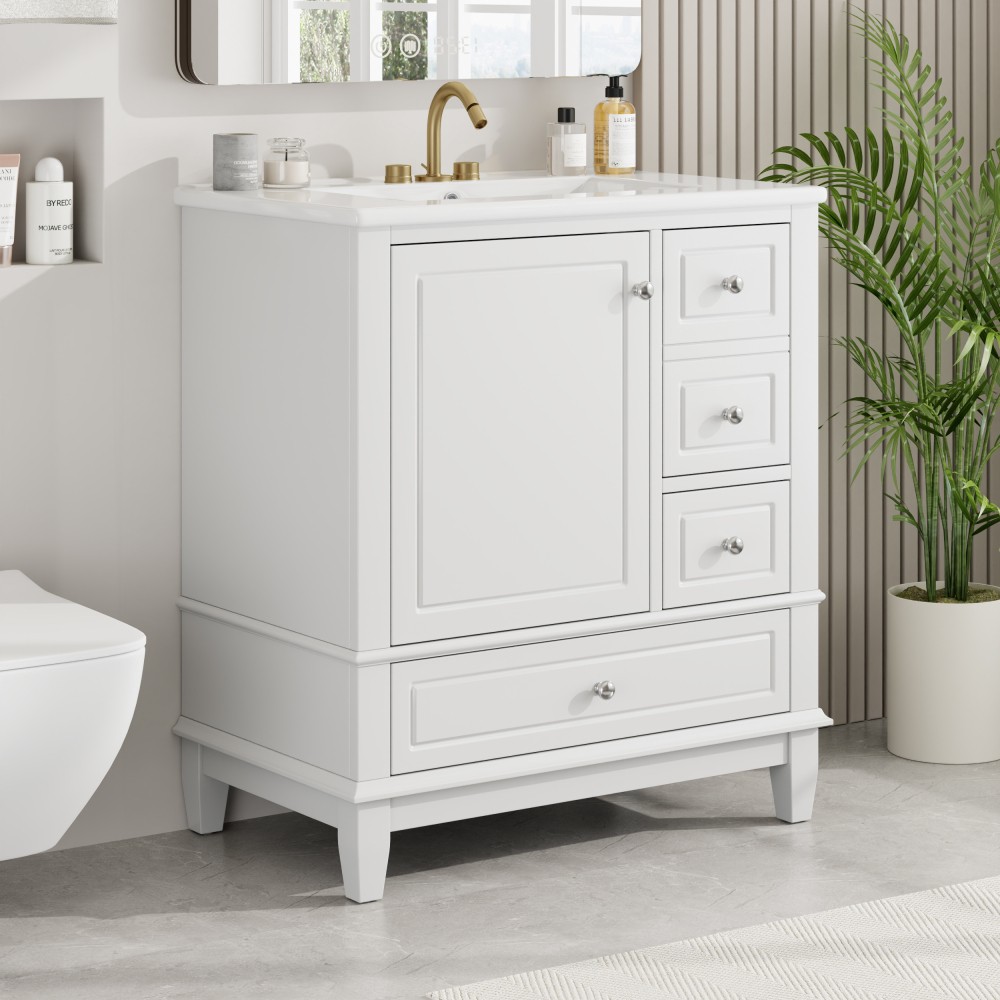 30″ Bathroom Vanity with Sink, One Door with Shelf and Three Drawers