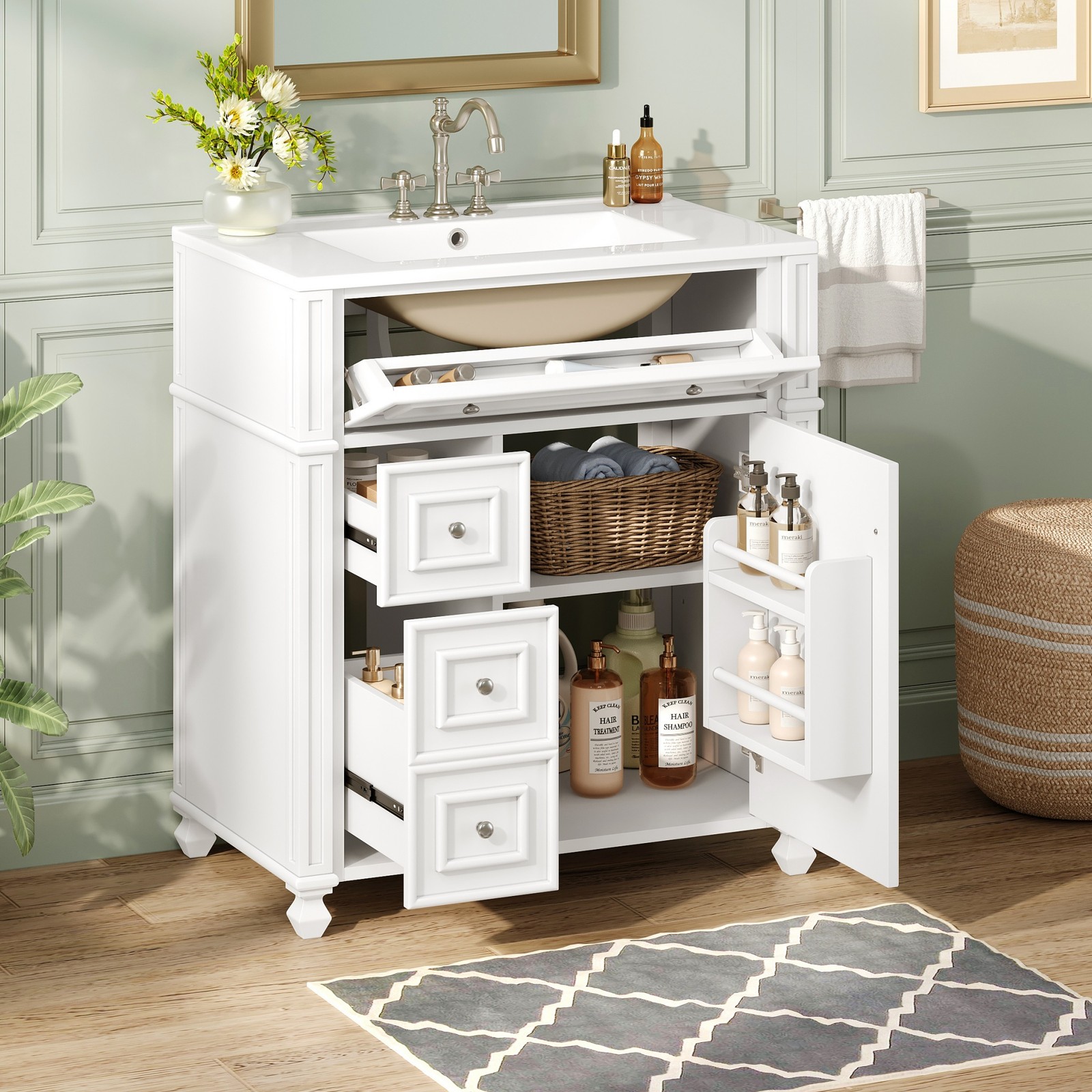 30 Inch Bathroom Vanity w/Ceramic Sink Basin, Storage Cabinet w/Soft Close Door