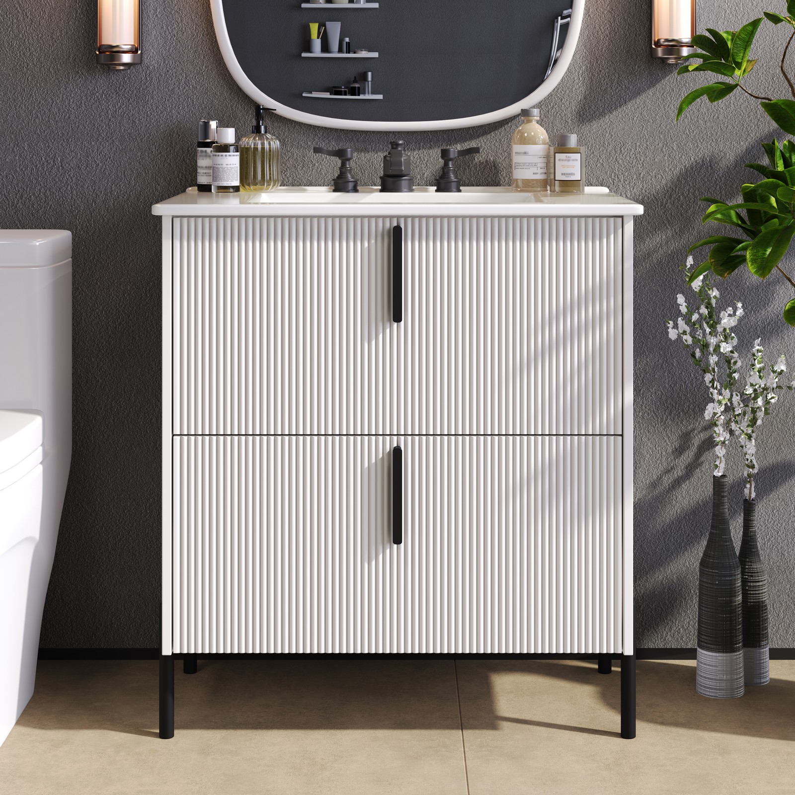 30″ White Bathroom Vanity with Ceramic Sink & Soft Close Drawers