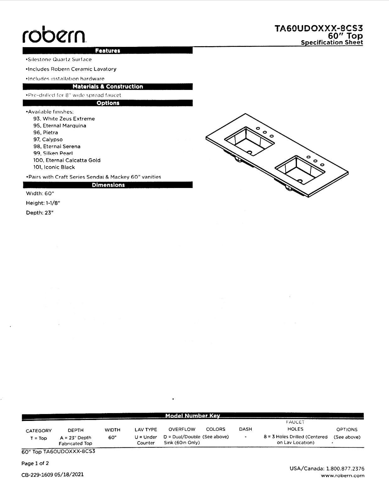 Robern TA60UD0100-8CS3 – 60″ Silestone Quartz Stone Vanity Top with 2 U/M Sinks