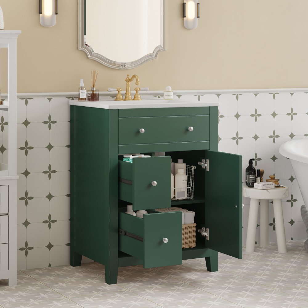 Bathroom Vanity with Ceramic Basin Features Two Drawers and Soft-Close Doors