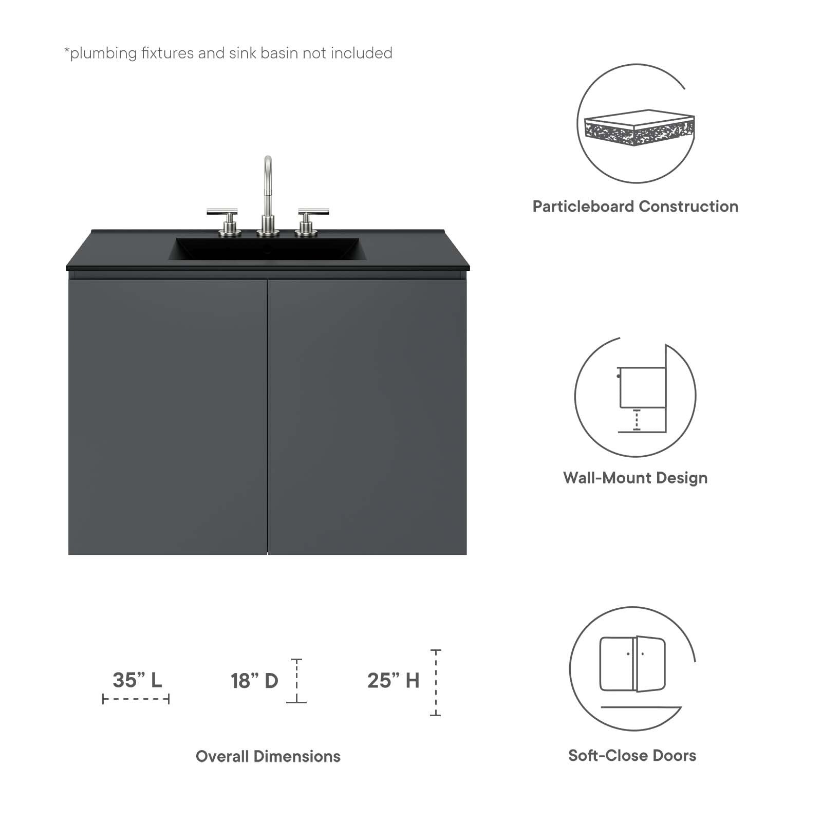 Modway Vitality 35″ Plastic and Wood Wall-Mount Bathroom Vanity in Gray