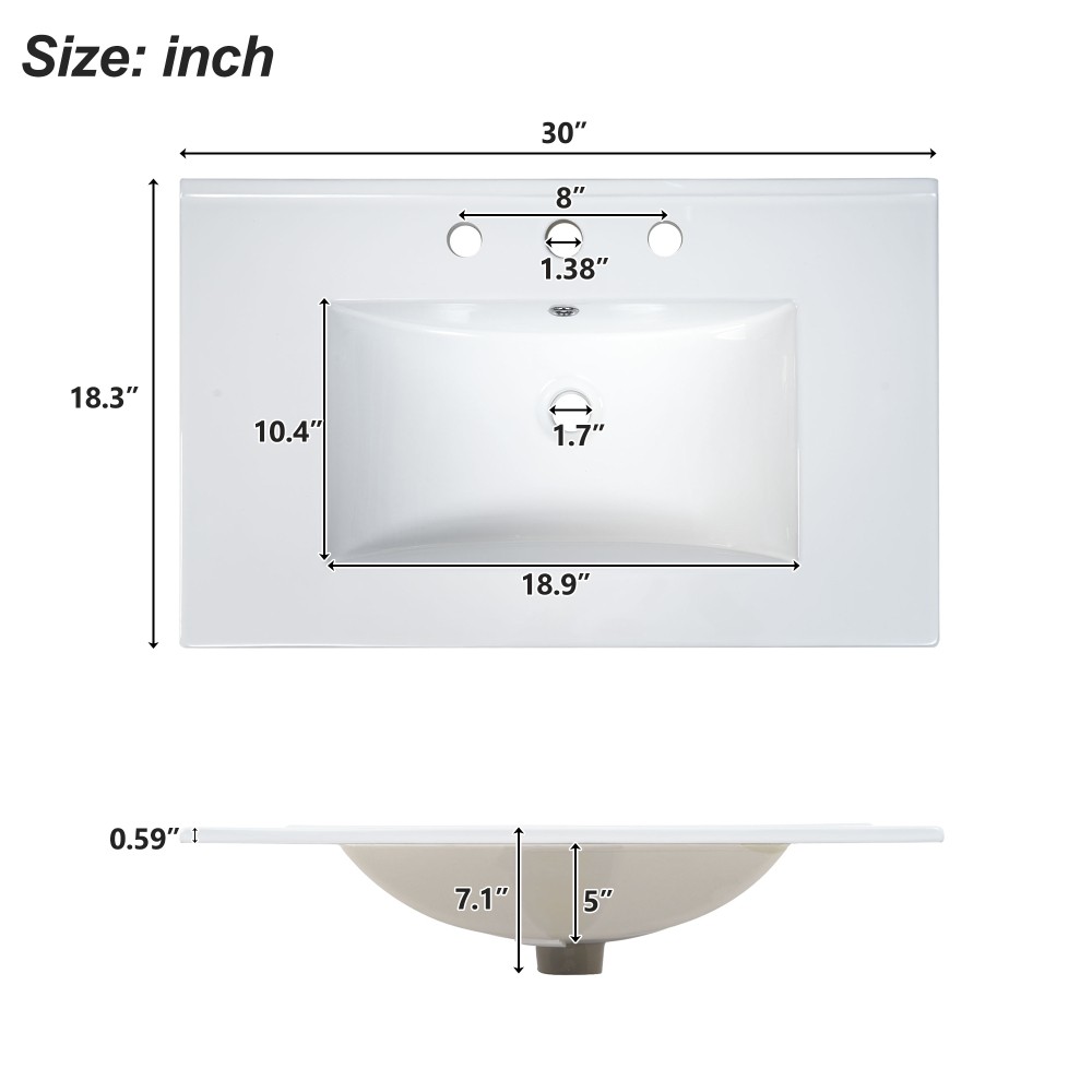 30-Inch Modern Bathroom Vanity, Solid Wood Frame + MDF, 2 Doors 3 Drawers