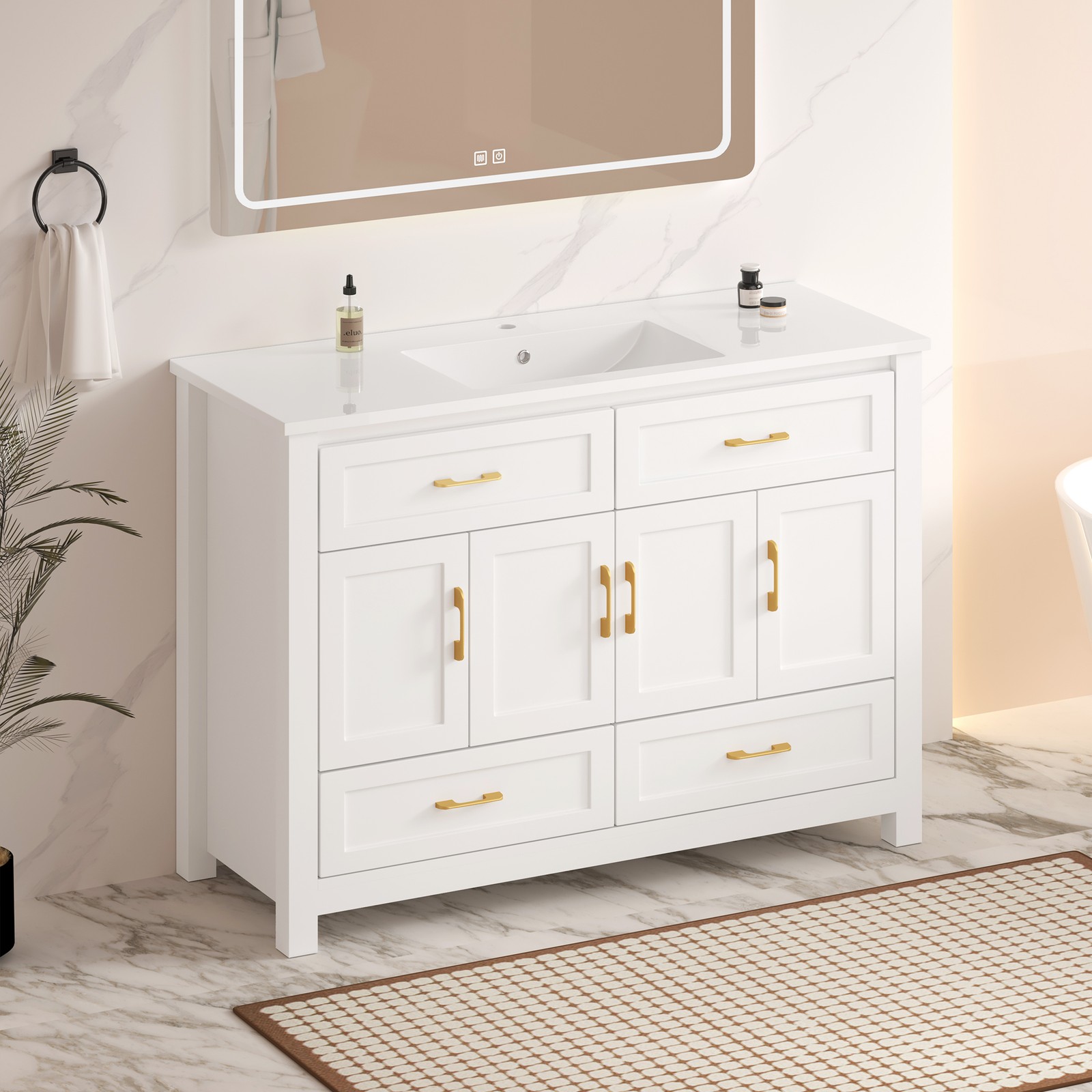Modern 48″ White Bathroom Vanity with Resin sink Combo, Abundant Storage Cabinet