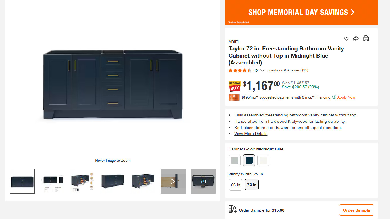Taylor 72 in. Freestanding Bathroom Vanity Cabinet without Top in Midnight Blue