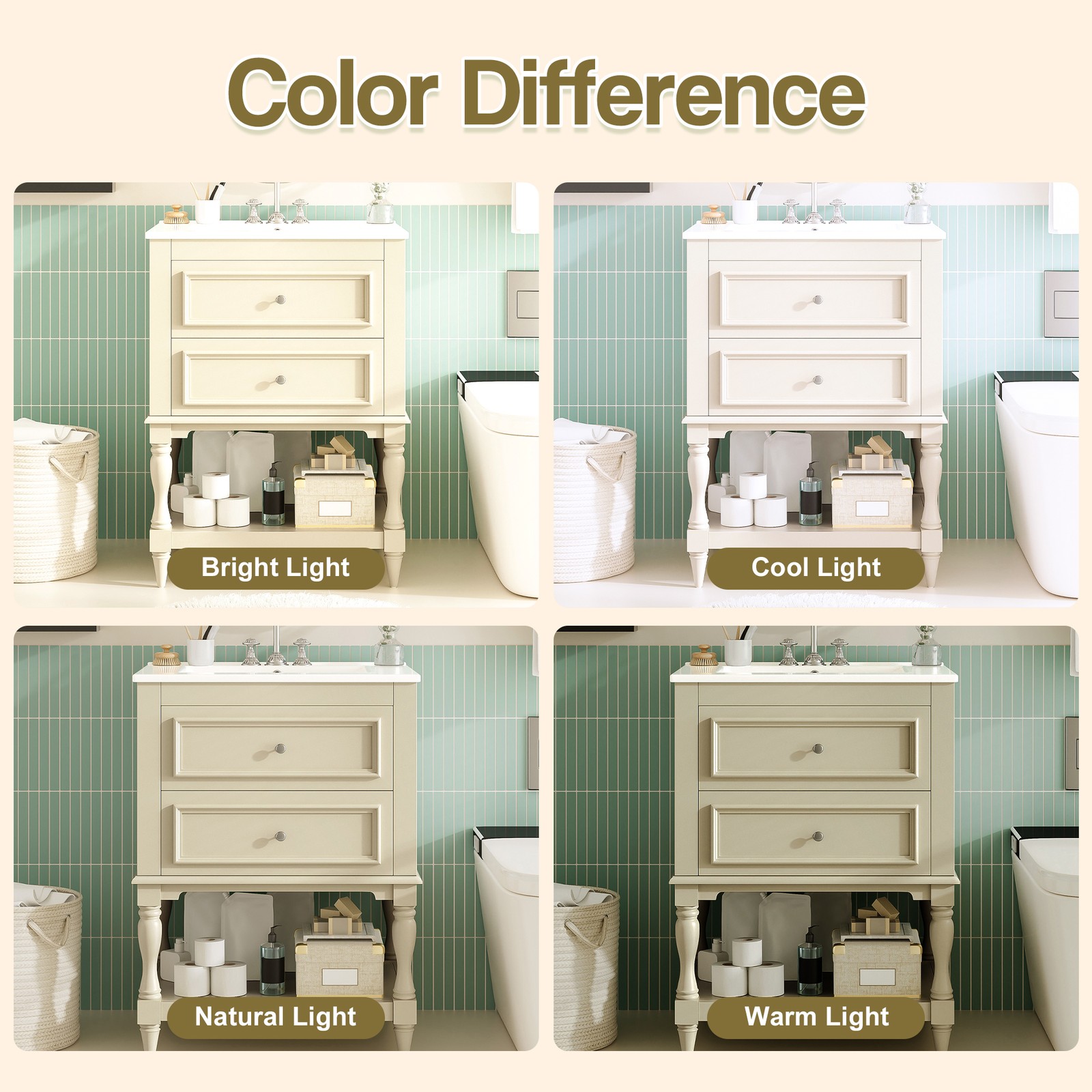 FUNIDEE 24″ Bathroom Vanity with Ceramic Sink Storage Cabinet w/ 2 Drawers Beige