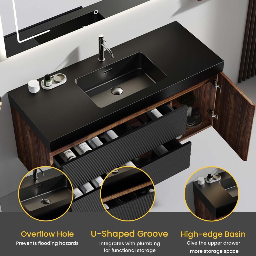 48″ Walnut Bathroom Vanity with Matt Black Engineered Quartz Sink and Soft Black