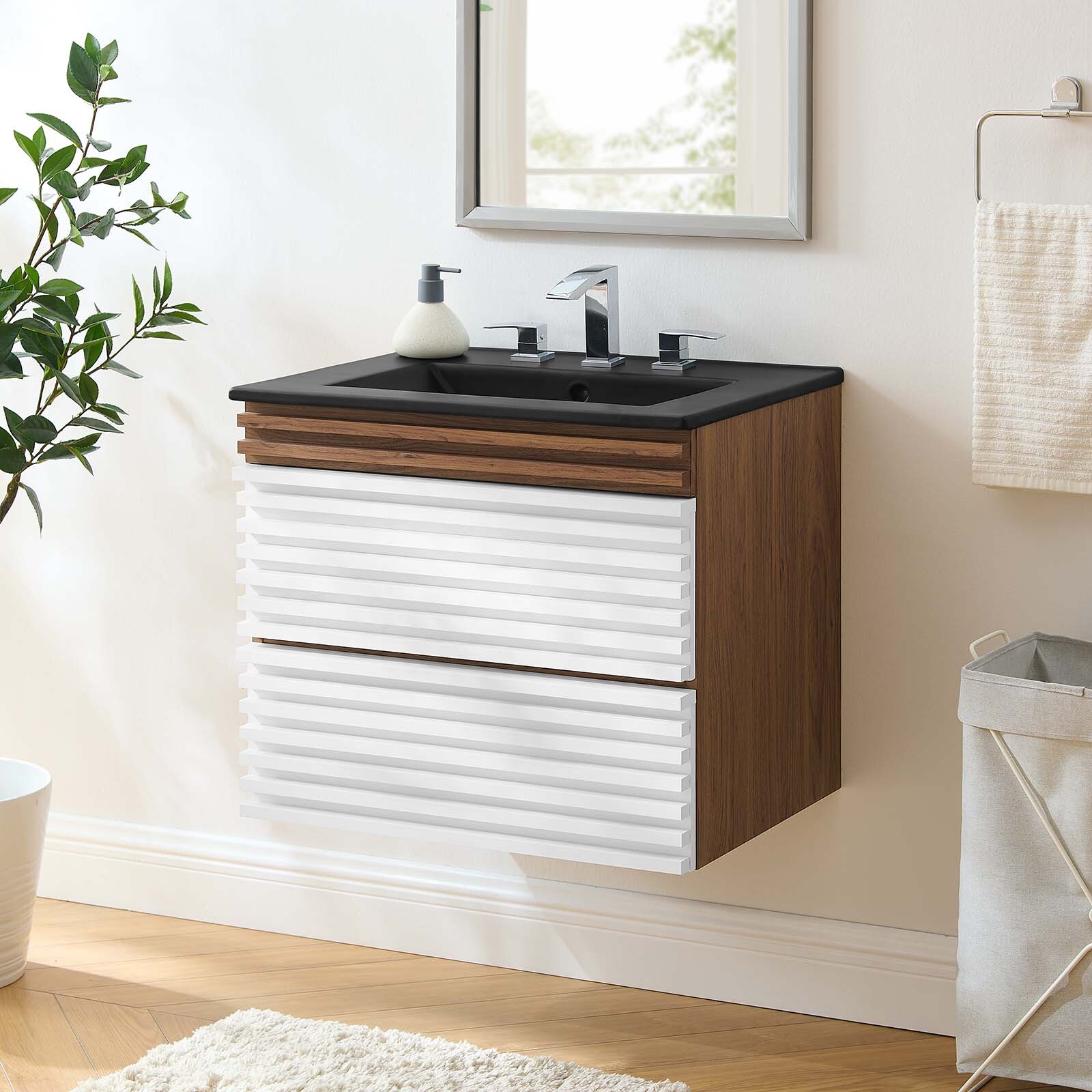 Modway Render 24″ Wall-Mount Bathroom Vanity in White Walnut Black