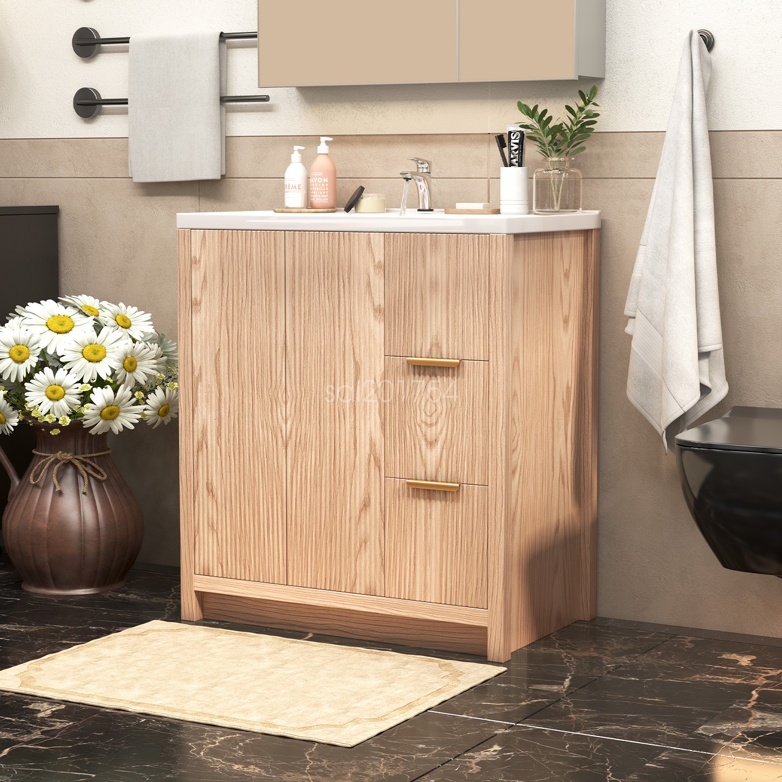 31″ Bathroom Vanity w/ Ceramic Sink Freestanding Storage Cabinet w/ 2 Drawers