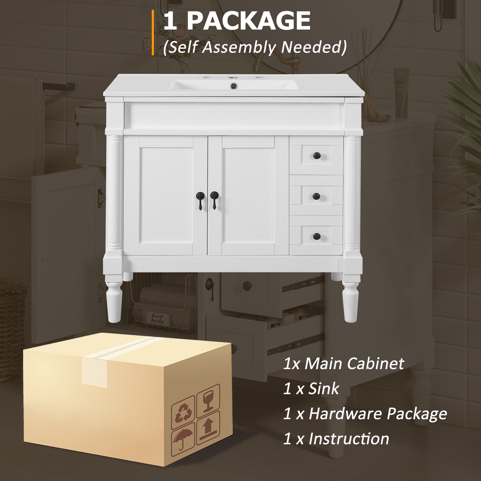 36″ Bathroom Vanity w/Two Soft Close Doors & 3 Drawers Bathroom Storage Cabinet
