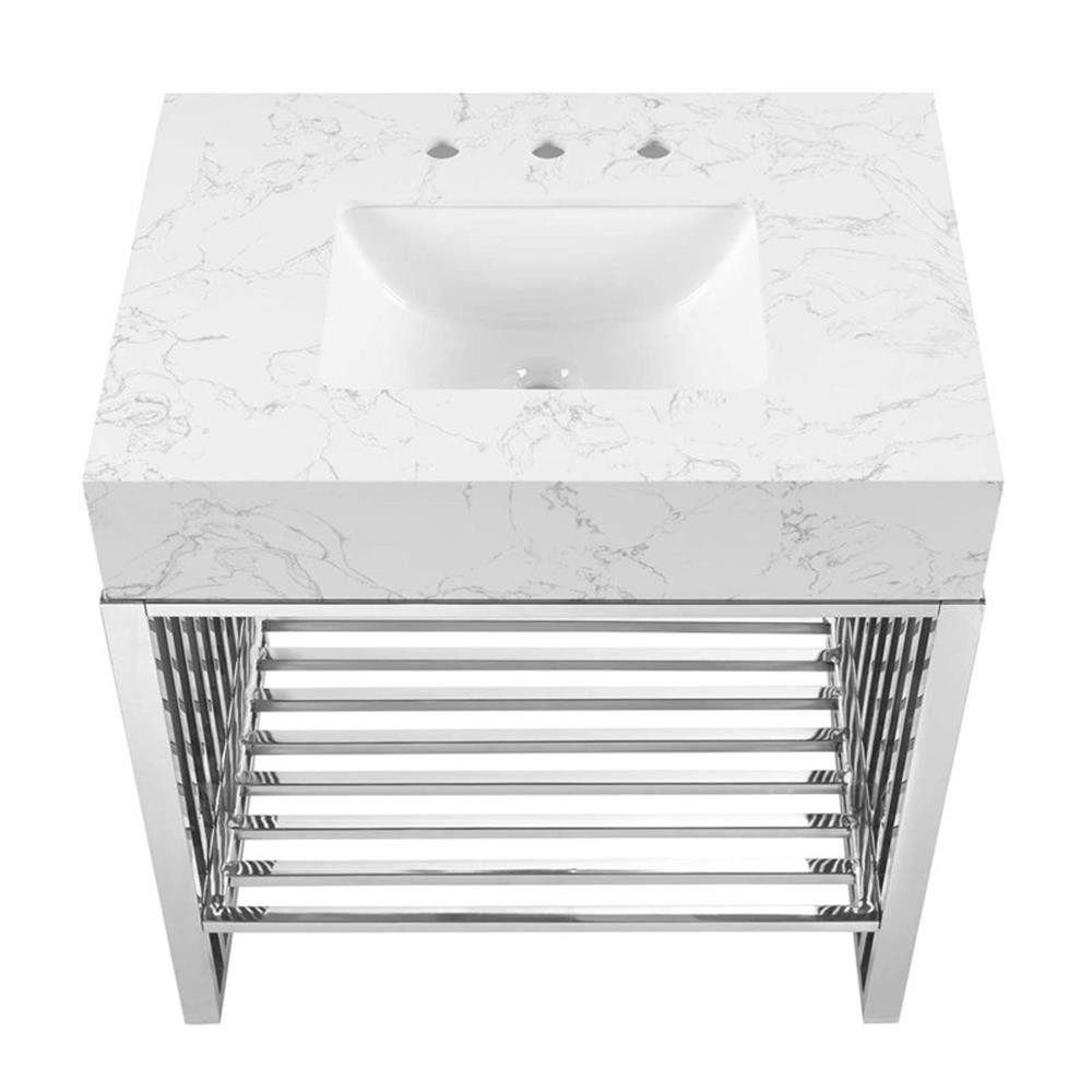 Pemberly Row 30″ Stainless Steel Bathroom Vanity in White/Silver