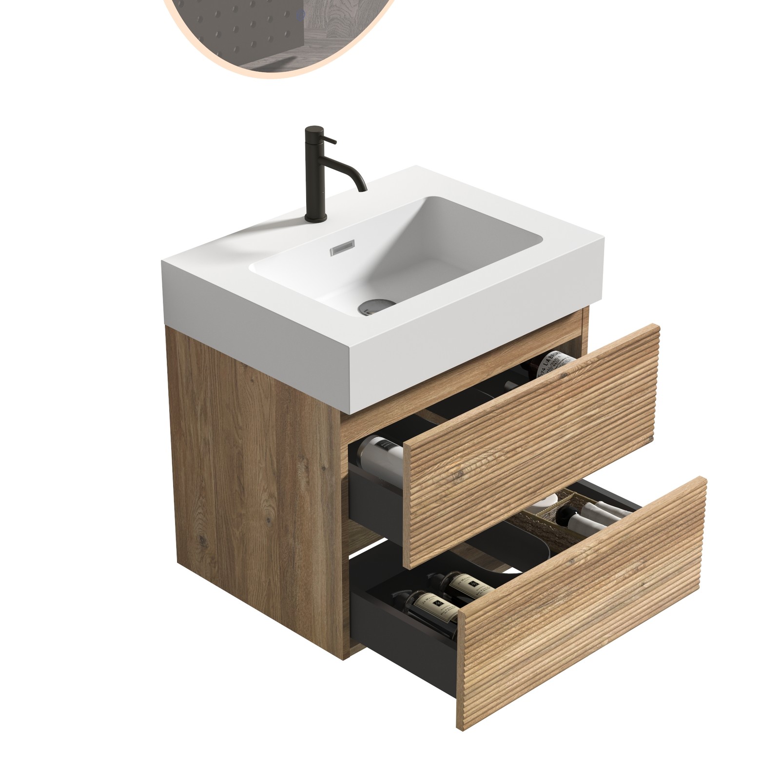 24″ Rough Oak Wall Mounted Bathroom Vanity with White Glossy Sink