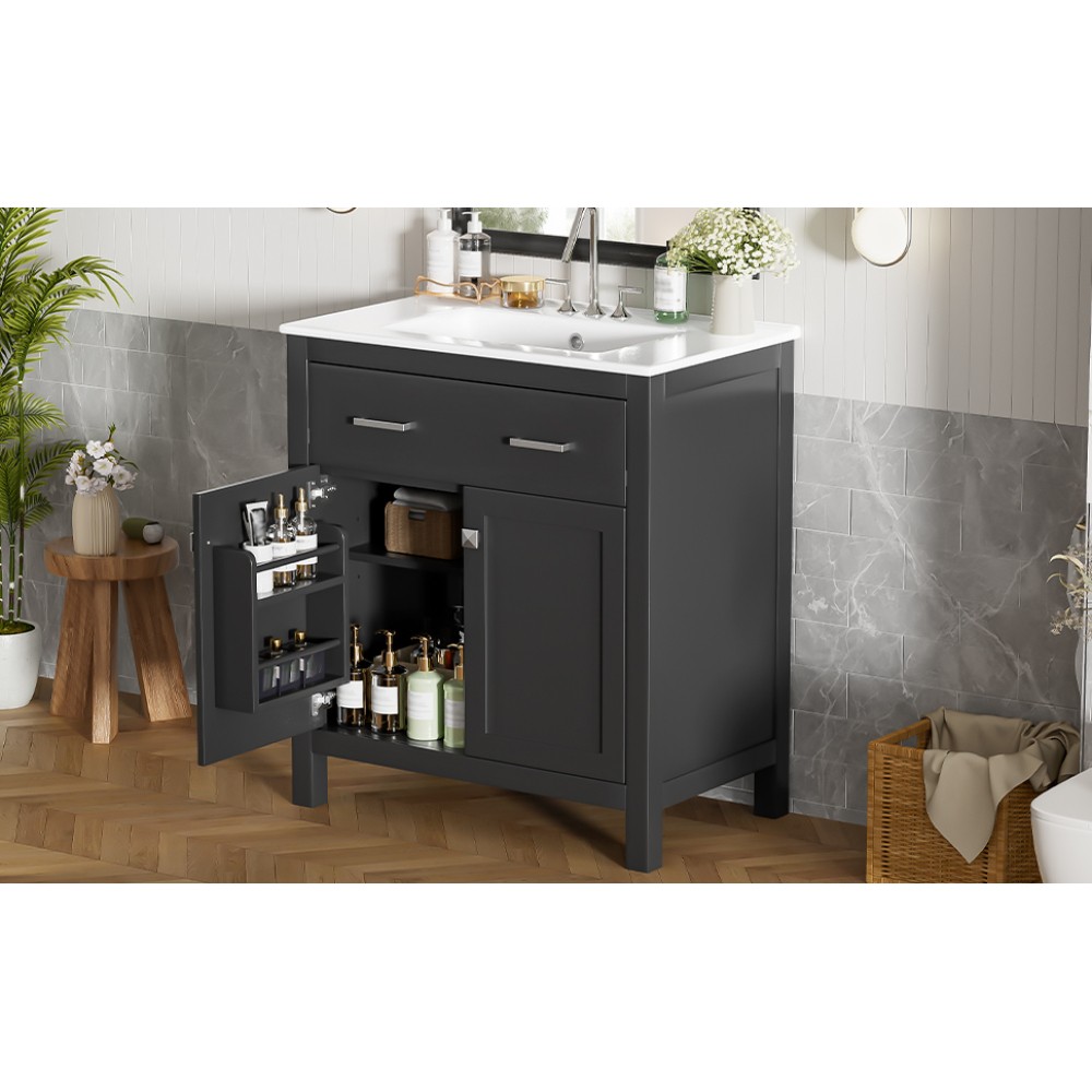30″ MDF Bathroom Vanity Ceramic Sink Soft Close 2 Doors Adjustable Shelf Storage