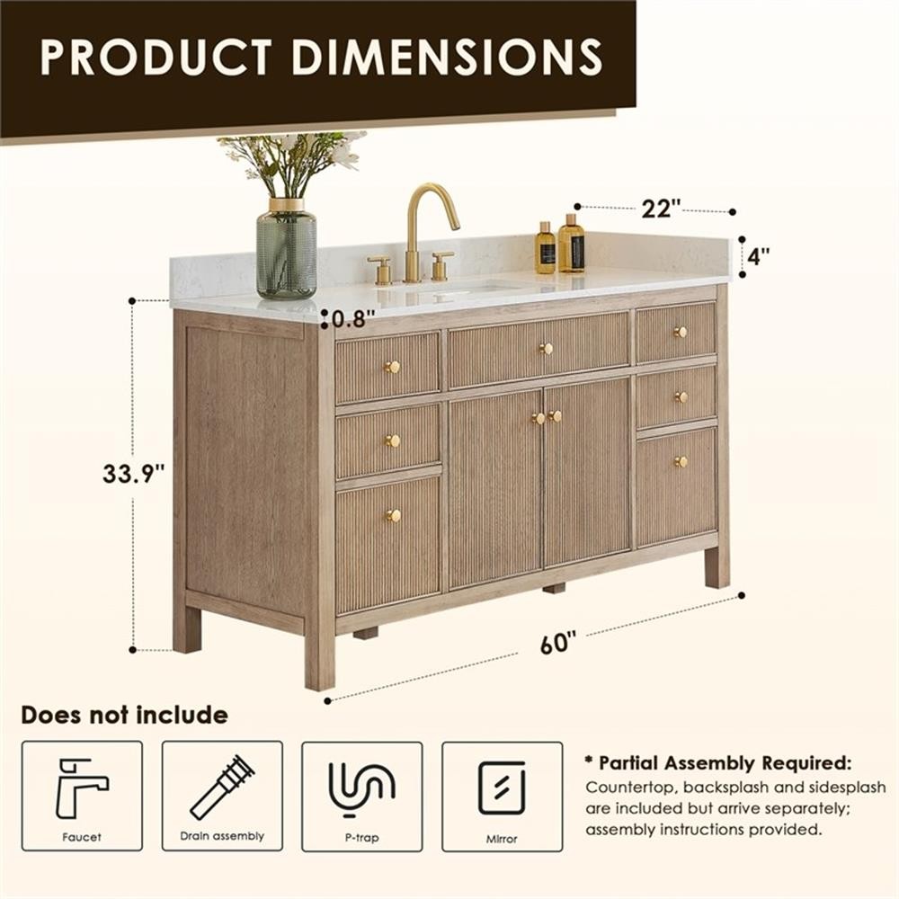 Pemberly Row 60″ Single Wood Vanity in Nature Oak Engineered Stone Top no Mirror