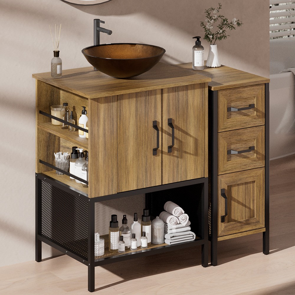 36″ Freestanding Bathroom Vanity with Vessel Sink 3 Drawers Storage Cabinet Oak