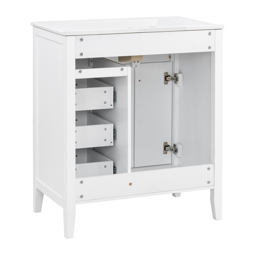 30″ White Bathroom Vanity with Ceramic Sink Freestanding Vanity with Black Metal