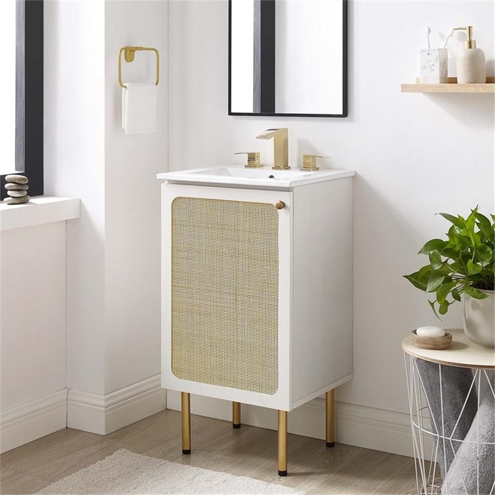 Pemberly Row 18″ Wood & Rattan Bathroom Vanity Cabinet in White
