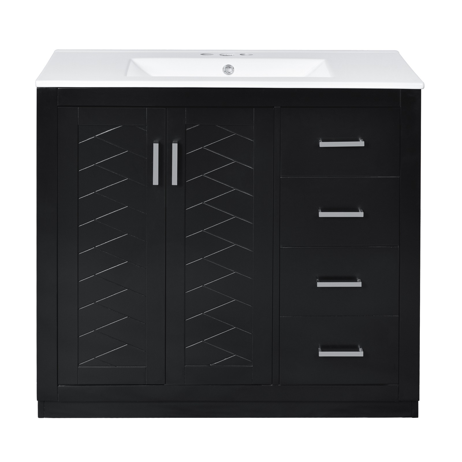 36″ Bathroom Vanity with Ceramic Sink, Solid Wood Frame, 3 Drawers, Black