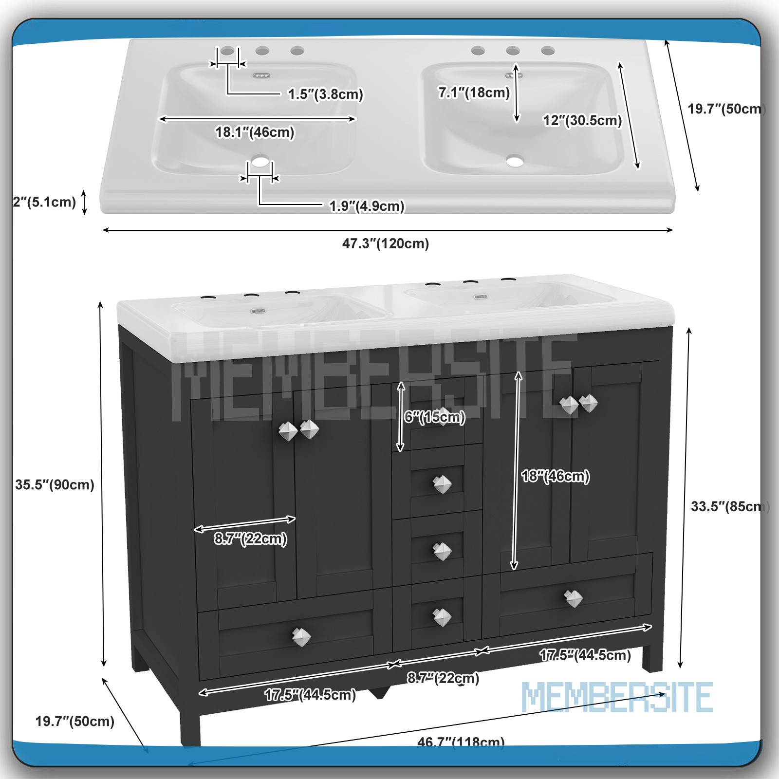 Black Bathroom Vanity Cabinet 47.3″ Double Ceramic Sinks , 2 Doors & 6 Drawers