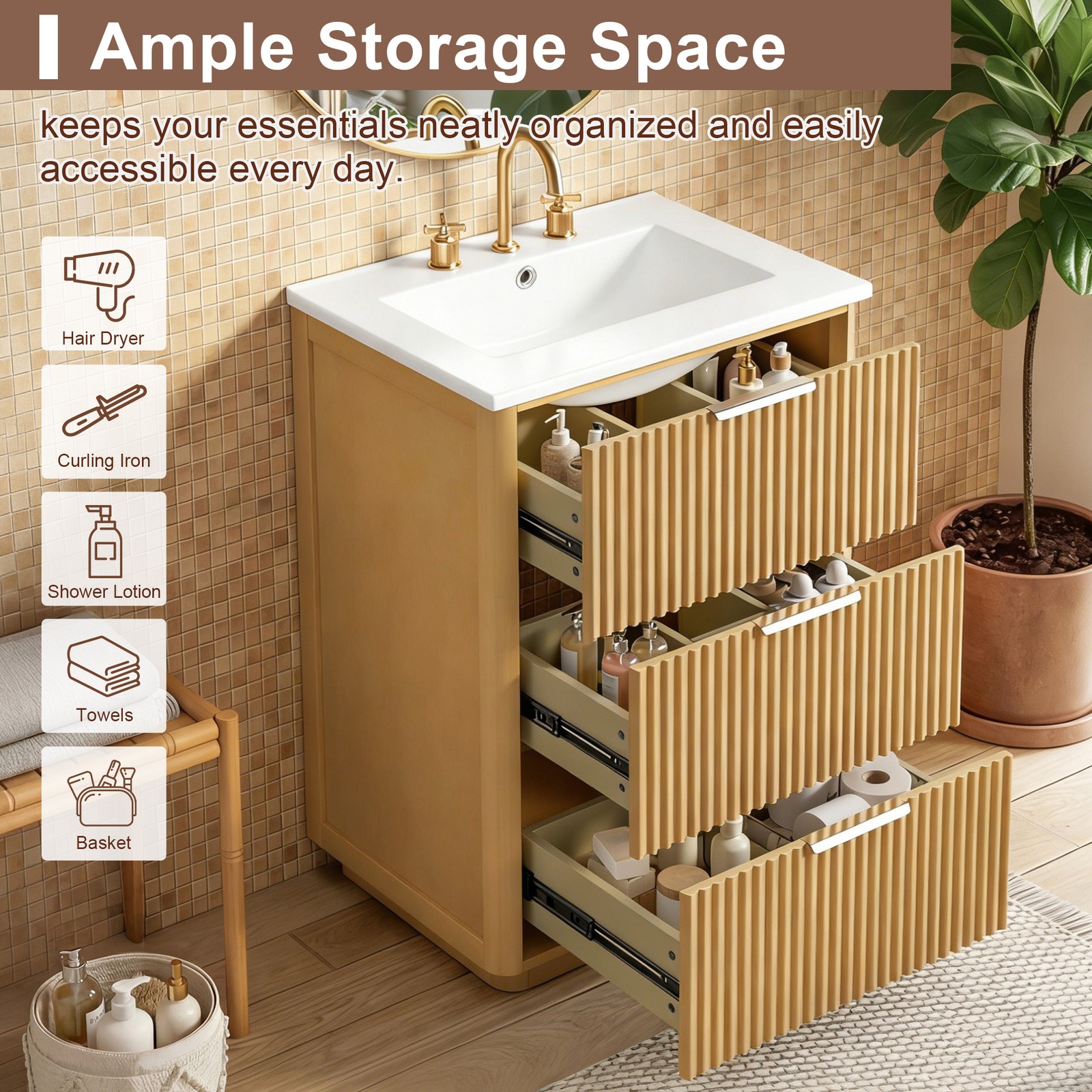 24 Inch Bathroom Vanity with Ceramic Sink, Natural Wood & Metal