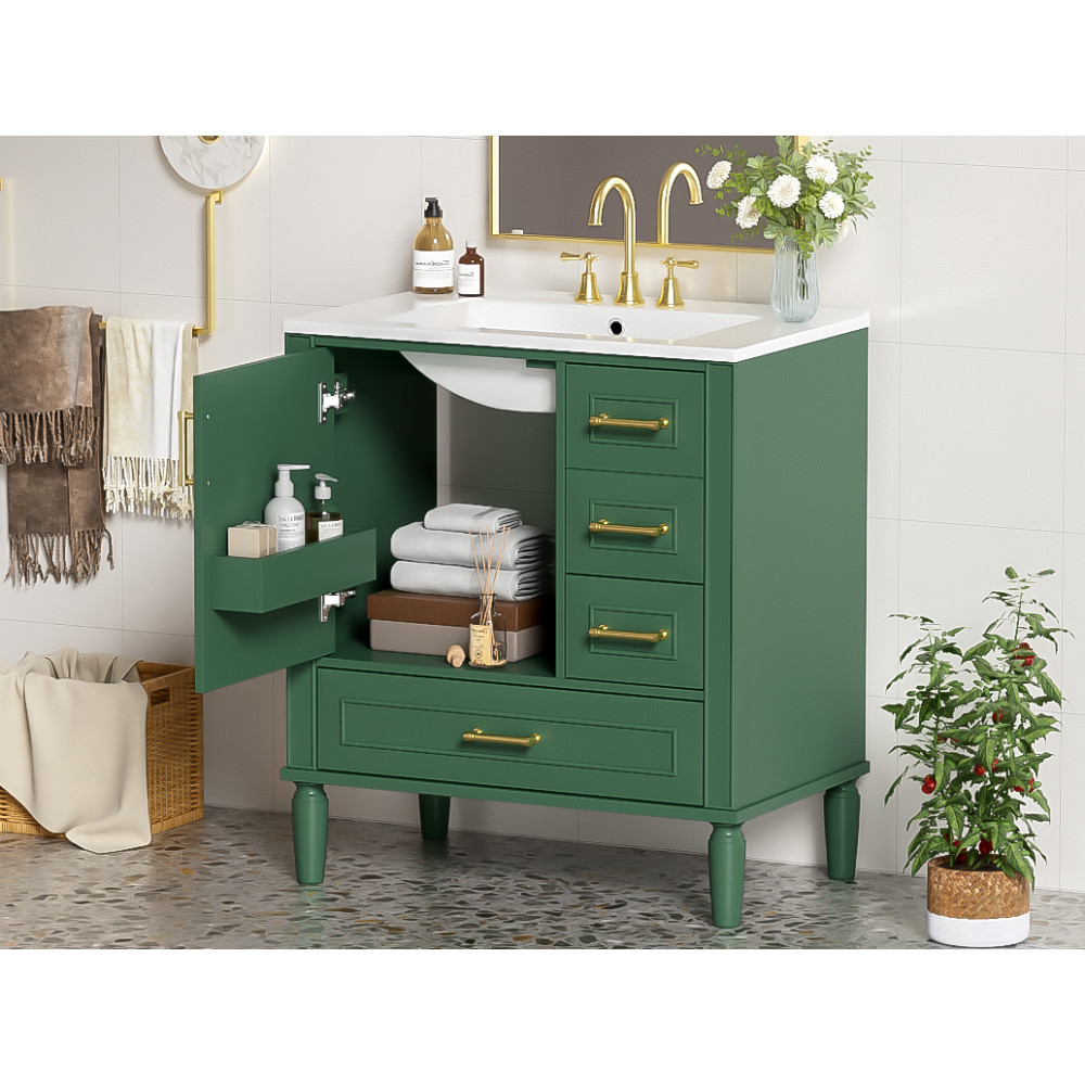 30″ Green Bathroom Vanity Ceramic Sink Soft Close Door 3 Drawers Storage Cabinet