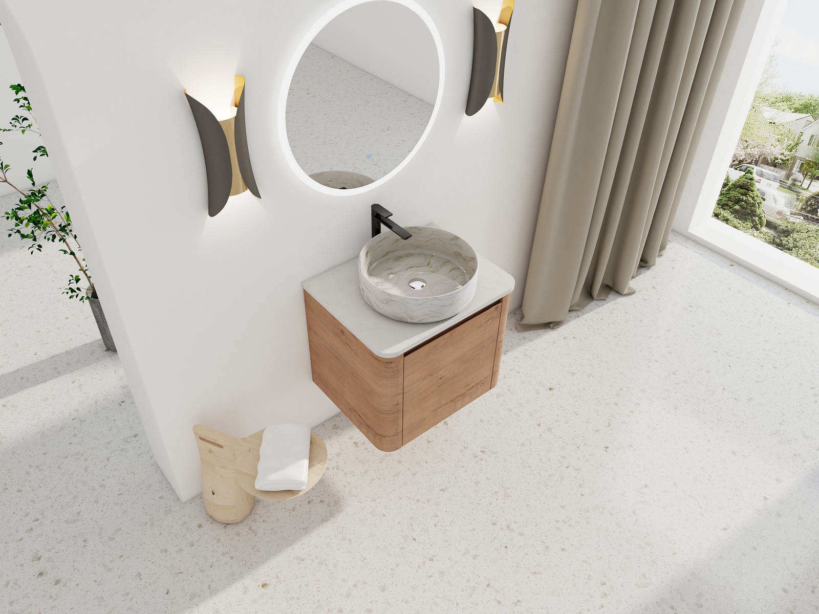 24 in Plywood Wall-Mounted Bathroom Vanity With Ceramic Vessel Sink Counter Top