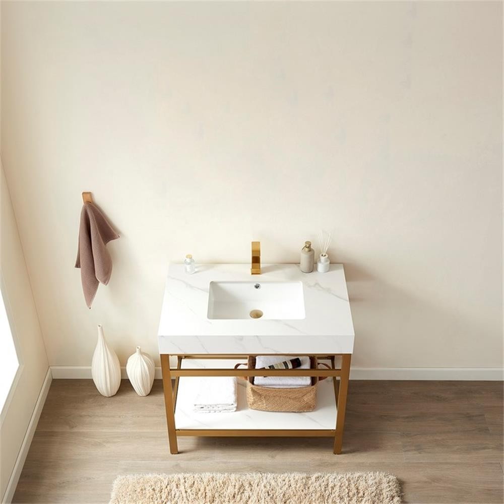 Funes 36″ Single Sink Bathroom Vanity in Brushed Gold Frame White Top No Mirror