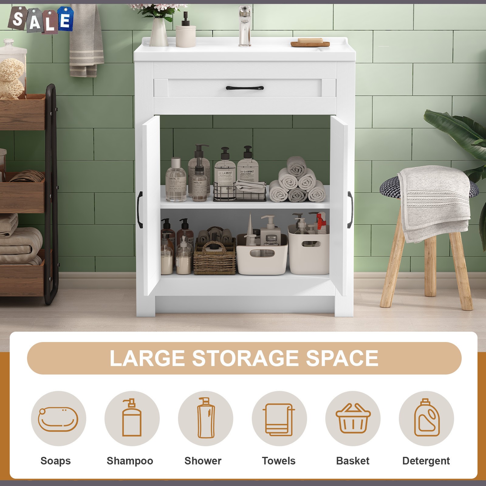 31″ Bathroom Vanity Freestanding Ceramic Sink Cabinet with Storage and Drawer