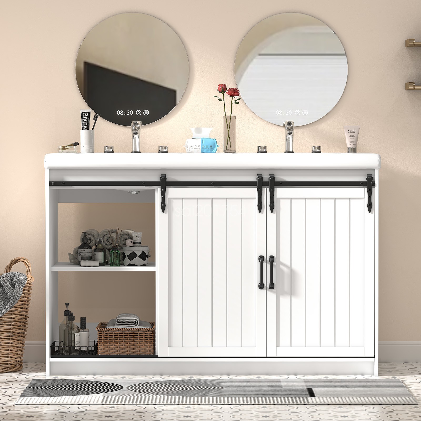 47″ Bathroom Double Sink Vanity Cabinet Ceramic Vessel Double Sink Cabinet White