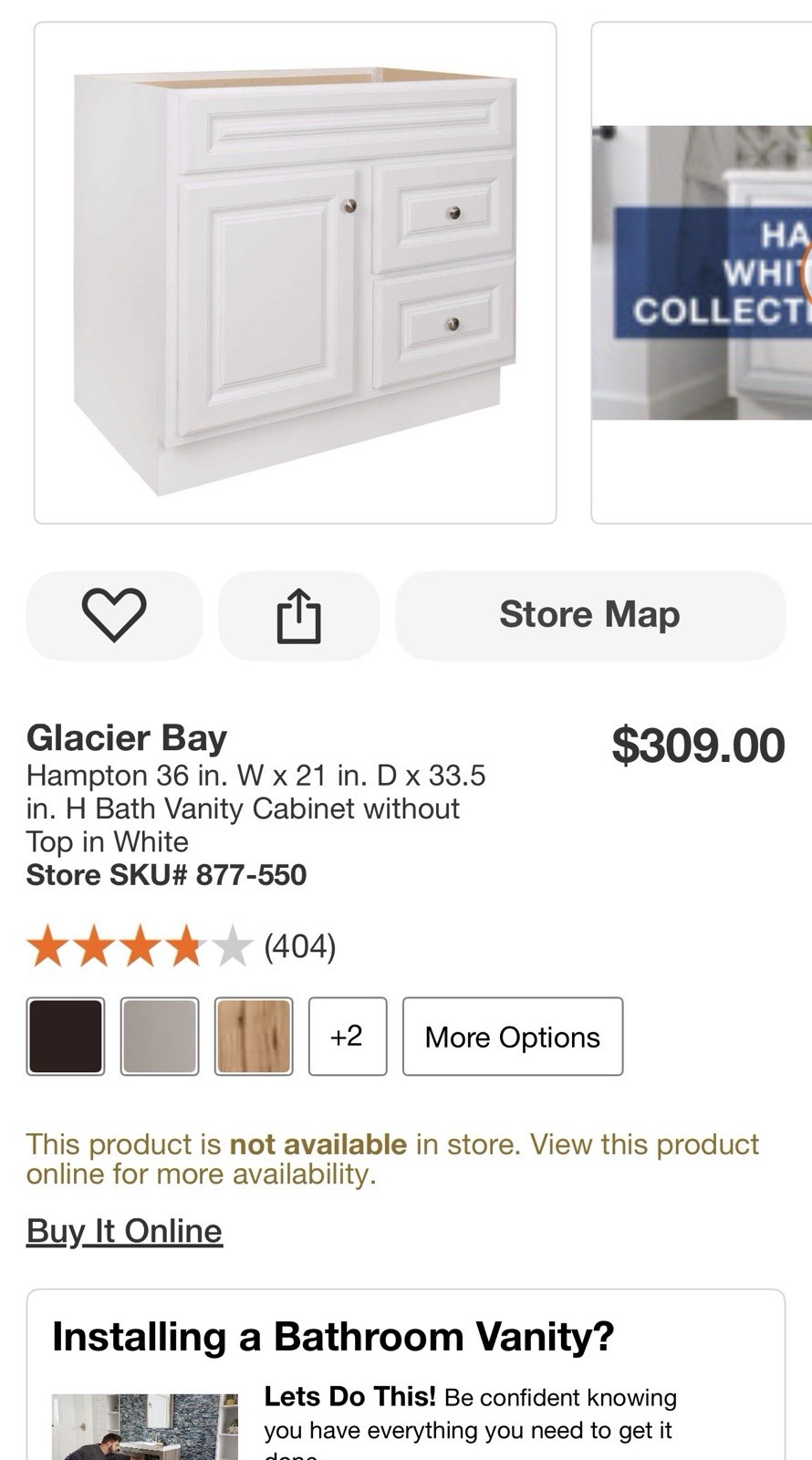 Glacier Bay Hampton 36x21x33.5 White Bath Vanity Cabinet No Top 2 Dr 1 Door