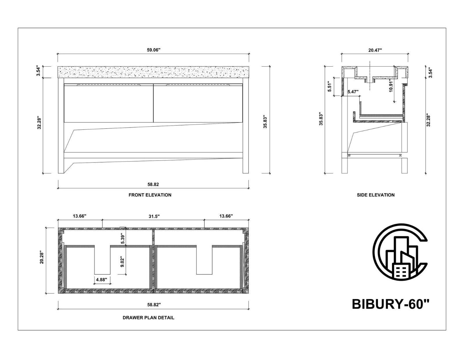 BIBURY 60” MODERN BATHROOM VANITY (BASE ONLY!!!)