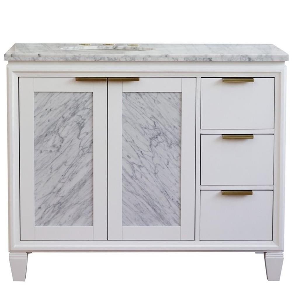 Pemberly Row Solid Wood Vanity with Left Oval Sink in White/White Carrara