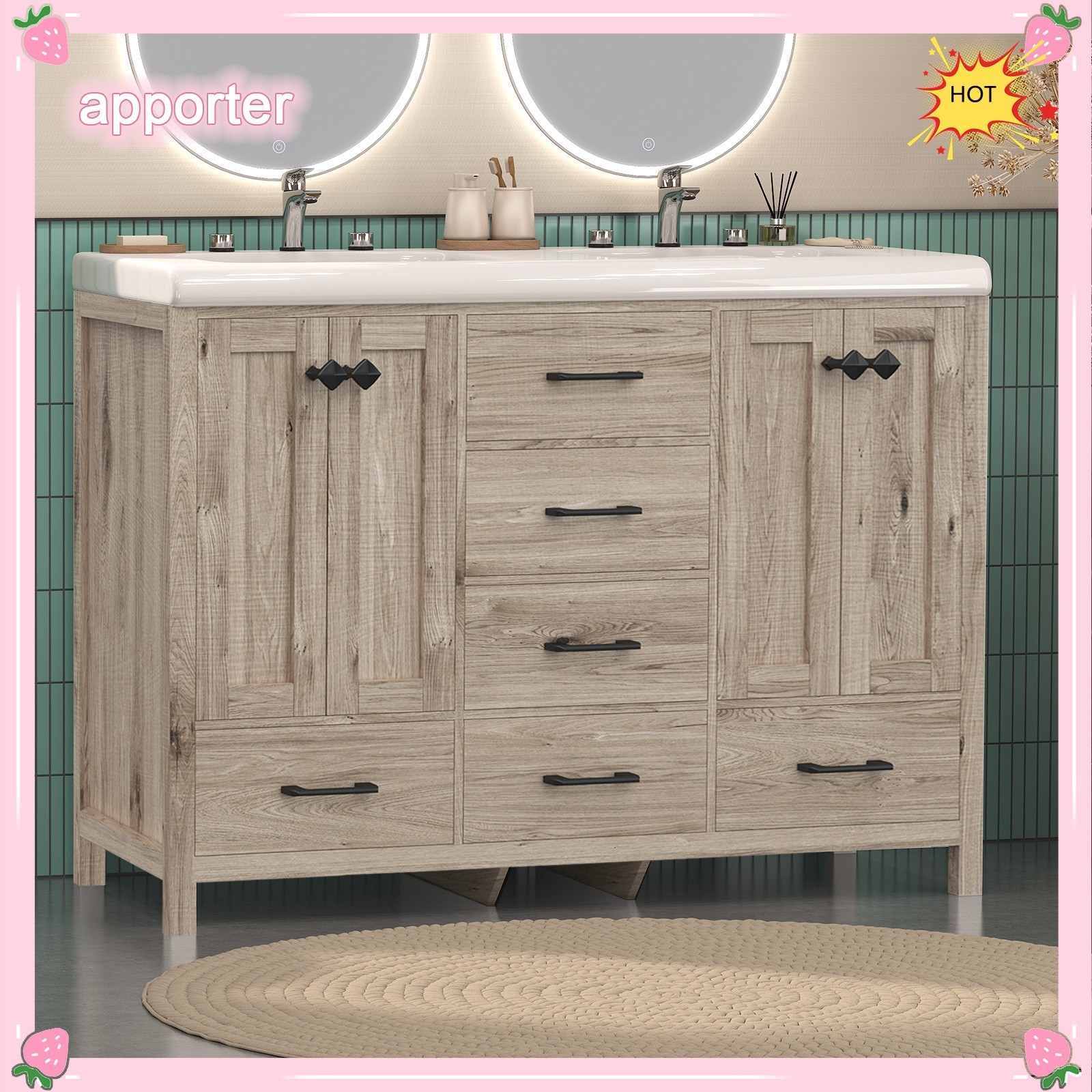 47 in Bathroom Vanity Retro Bathroom Storage Cabinet with Ceramic Sink Modern US