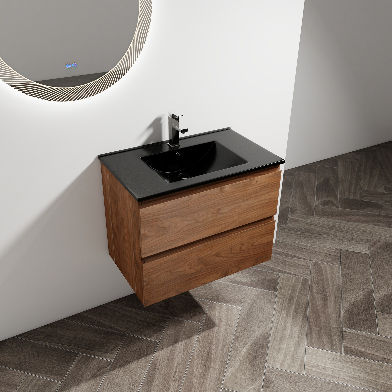 30 Inch Floating Wall Mounted Bathroom Vanity +Black Ceramic Sink 2 Drawer Brown