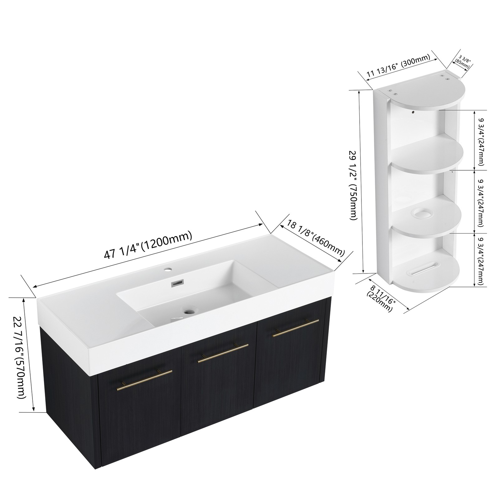 48 Inch Plywood Wall-Mounted Bathroom Vanity with Resin Sink + Side Storage Rack