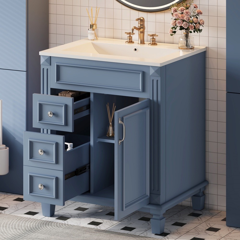 24 Inch Modern Blue Bathroom Vanity with Ceramic Sink Solid Wood MDF Cabinet