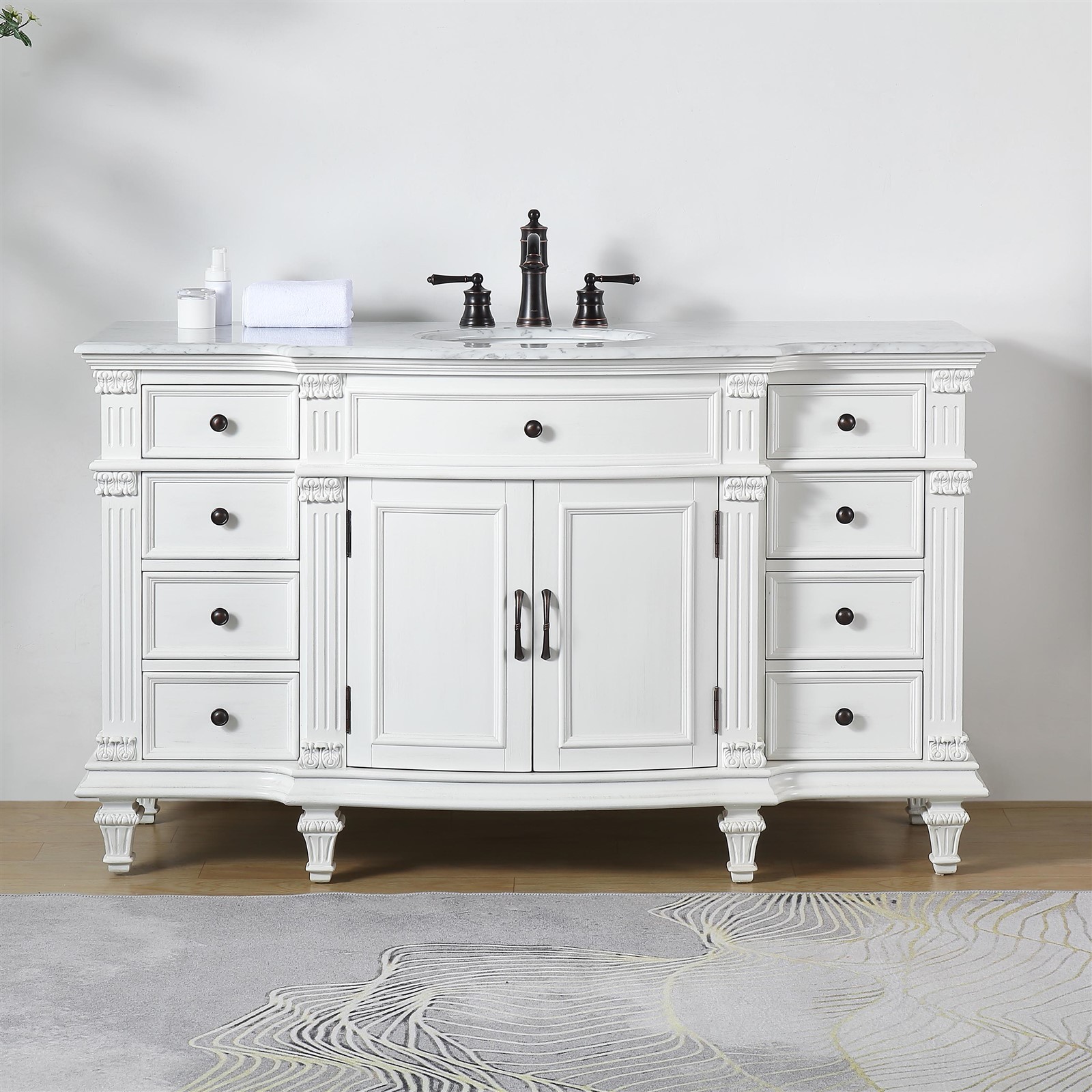 60″ Single Sink Cabinet Carrara White Marble Stone Top White Bathroom Vanity