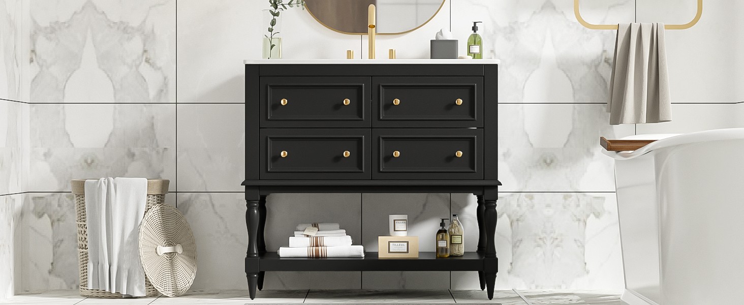 36″ Bathroom Vanity Cabinet with Sink Combo Set, 4 Drawers, Black