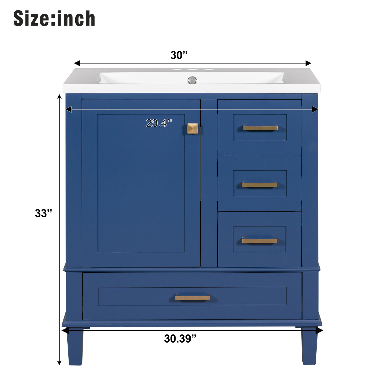 30″ Solid Wood Bathroom Vanity Cabinet with Resin Sink Top, 1 Door and 3 Drawers