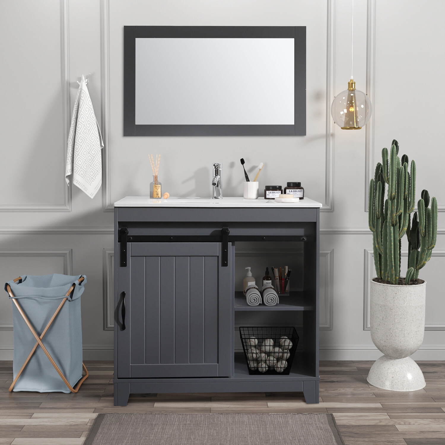 36″ Sliding Door Bathroom Vanity w/ Undermount Sink Faucet Mirror Gray Modern
