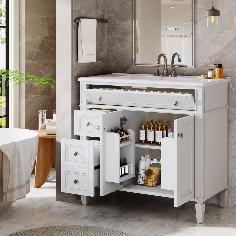 36 In. Single Sink Freestanding White Bath Vanity with White Ceramic Top Unassem