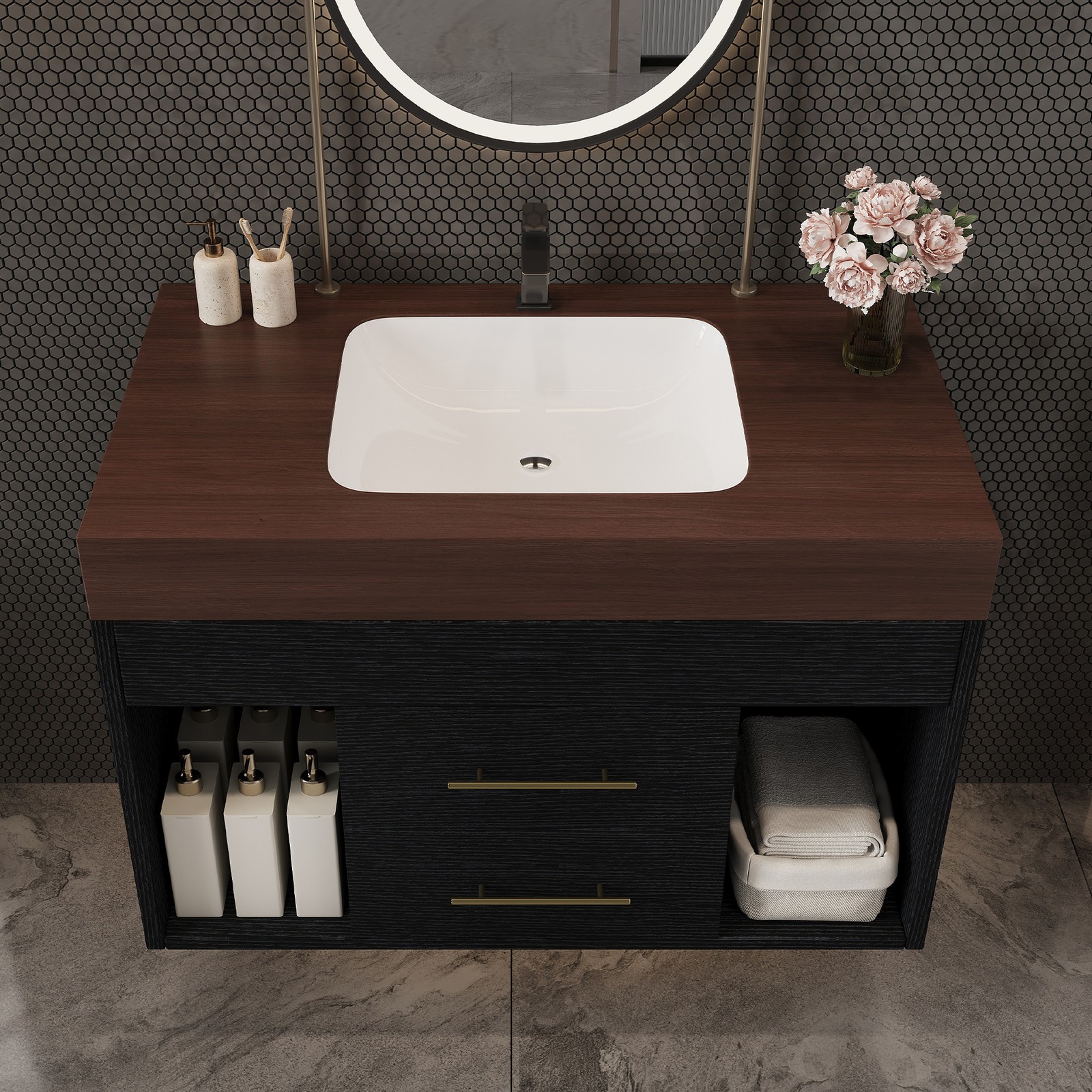 29.9″ Floating Bathroom Vanity with Sintered Stone Top & Ceramic Sink